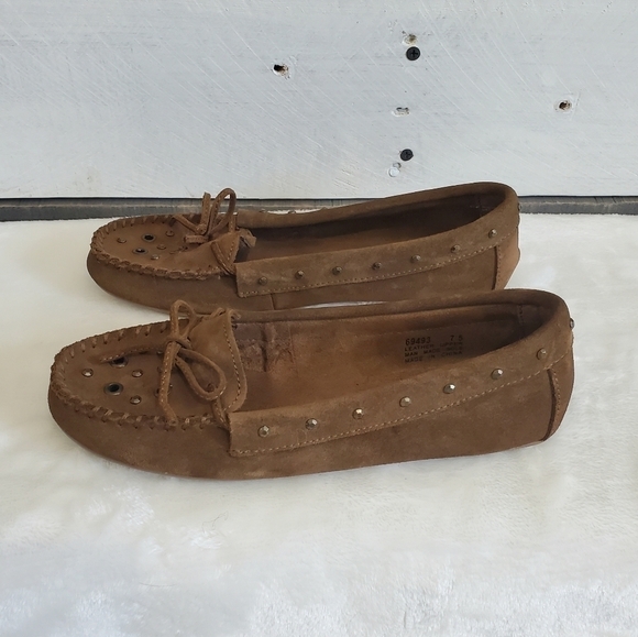 MINNETONKA Brown Soft Suede Leather Upper Slip On Moccasin Shoe Size 7.5 - Picture 5 of 14